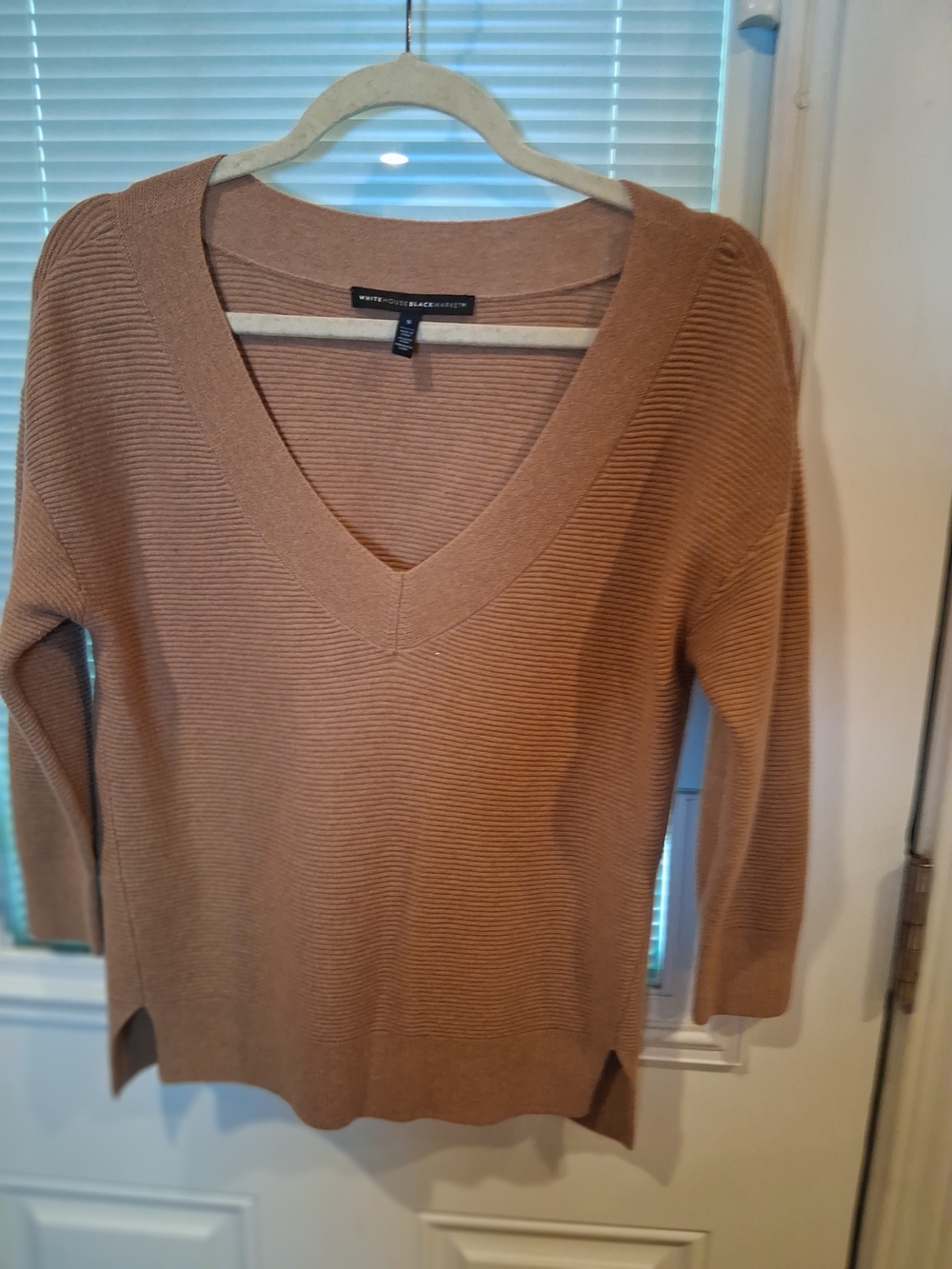 119,  White House Black Market Camel V-Neck Ribbed Sweater 50% Wool 50% Cotton